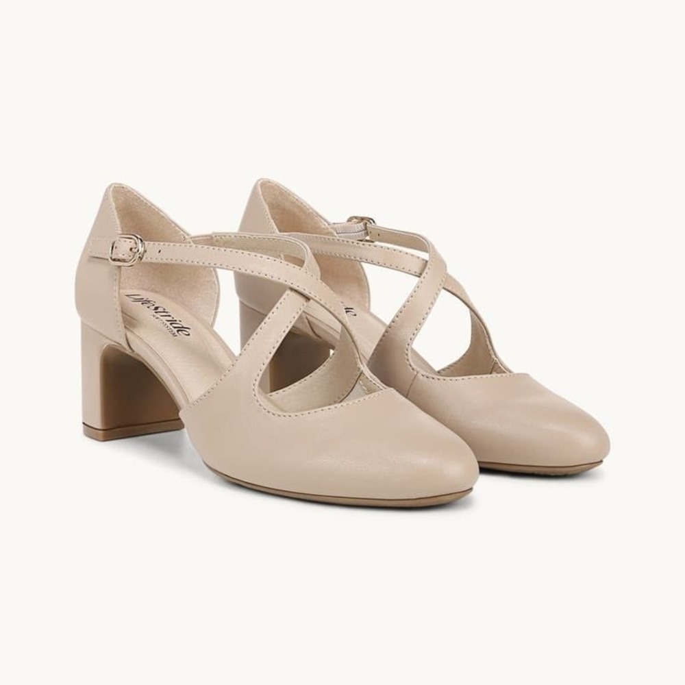 LifeStride Tracy Strappy Pump Tender Taupe Faux Leather Block Heel Shoes Sz 8 M